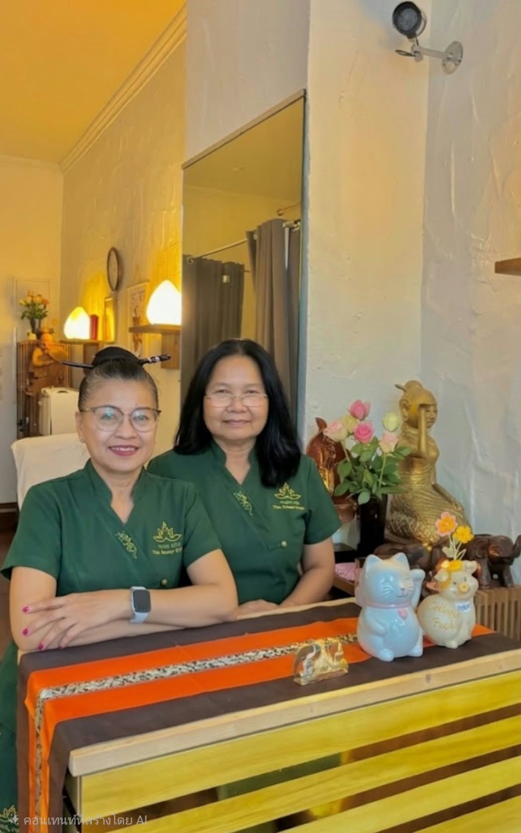 Zwei Mitarbeiterinnen in grüner Kleidung am Empfang von YADA Thai-Massage